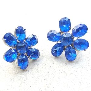 Vintage Blue Rhinestone Flower  Clip Earrings